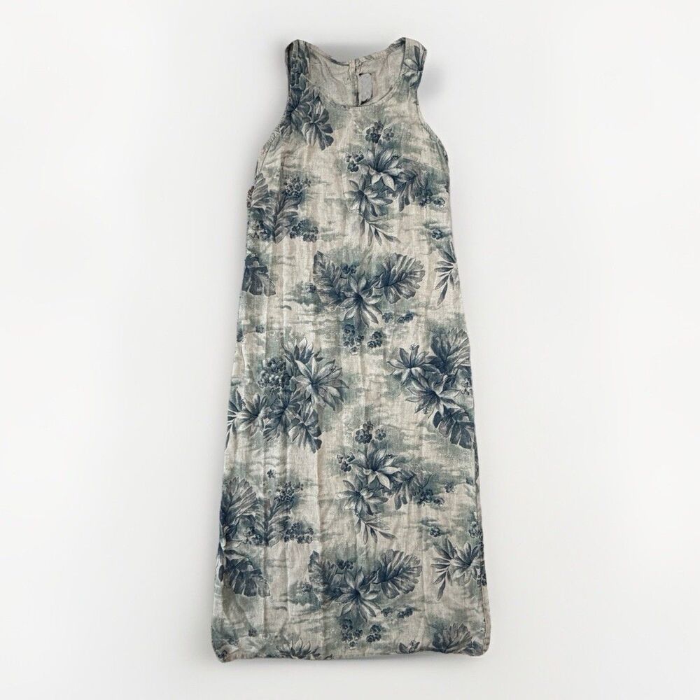 Connected Apparel Beige Blue Tropical Print Linen Sleeveless Sheath Dress 10